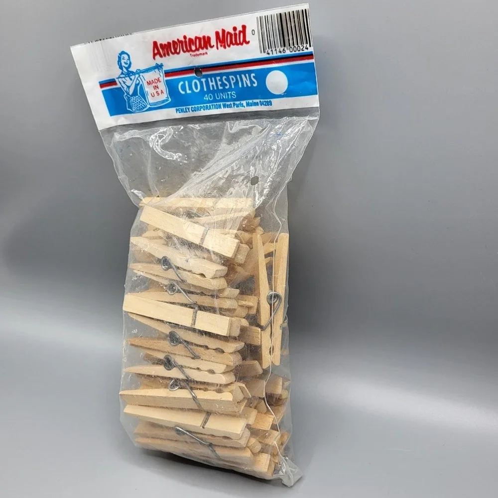 Vintage American Maid Clothespins 40 Count Wood Spring Action Natural Wood